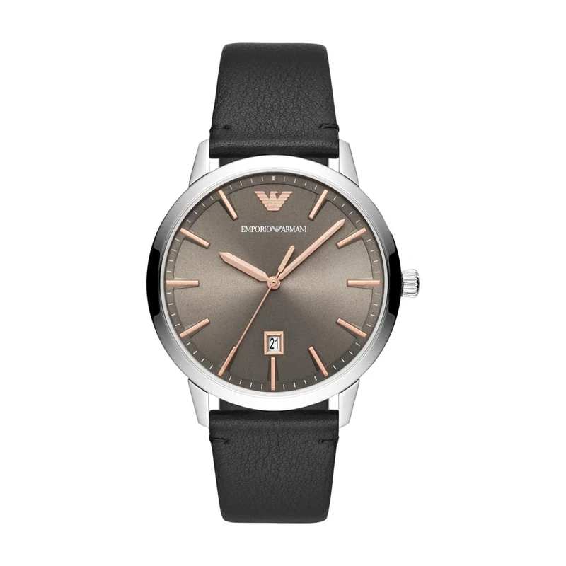 Emporio Armani Watch for Men, Three Hand Date Movement, 43 mm Silver Stainless Steel Case with a Leather Strap, AR11277
