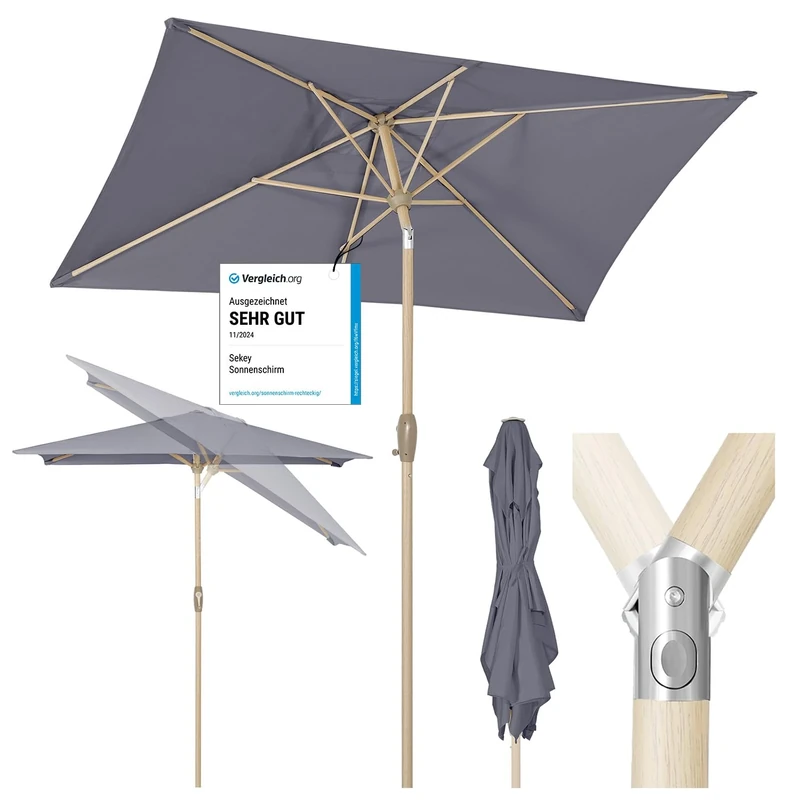 Sekey 210 x 140 cm Aluminium Parasol Market Umbrella Garden Umbrella Patio Umbrella Sun Protection UV 50+ Rectangular