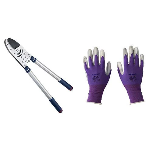 Spear & Jackson Razorsharp Advance Heavy Duty Telescopic Ratchet Anvil Lopper and Kew Gardens Collection 370S4KEW Multi-Purpose Gardening Gloves, Purple - Small