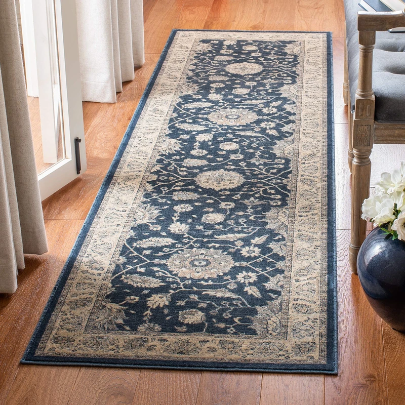 Safavieh Zaria Vintage Inspired Rug, Woven Soft Viscose Runner Carpet in Dark Blue / Beige, 67 X 240 cm, VTG872-7330-28