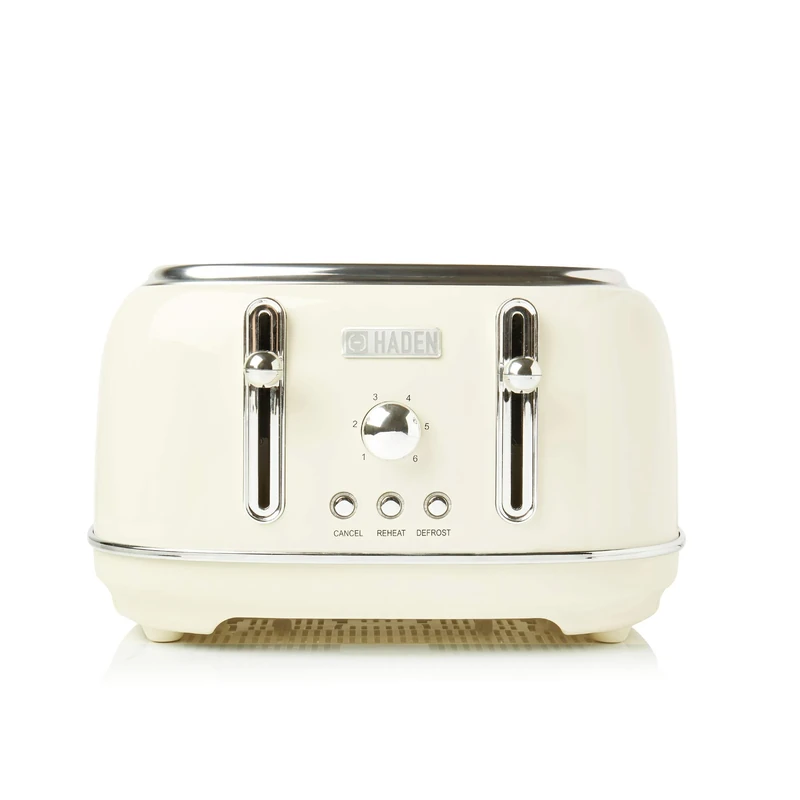 Haden Highclere Cream Toaster 4 Slice - Electric Stainless steel Toaster With Reheat And Defrost Functions - Easy To Clean - Removable Crumb Trays