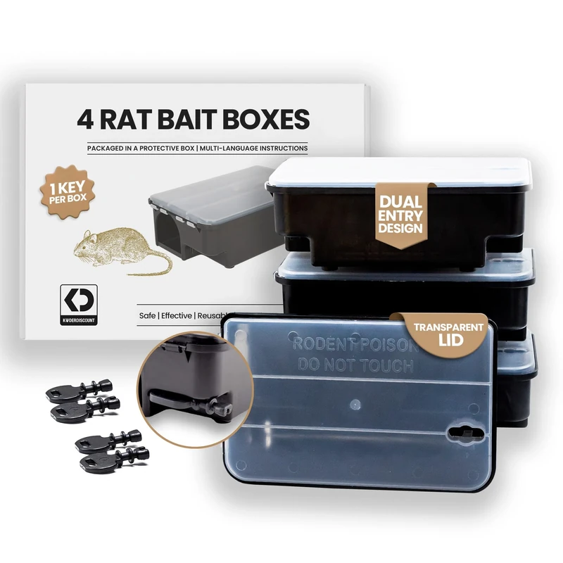 Köder-Discount Lockable Rat & Mouse Bait Stations, 4 Pack – Tamper-Resistant, Weatherproof Bait Box with Clear Lid & Dual Entry – Indoor/Outdoor Pest Control (Bait Not Included)