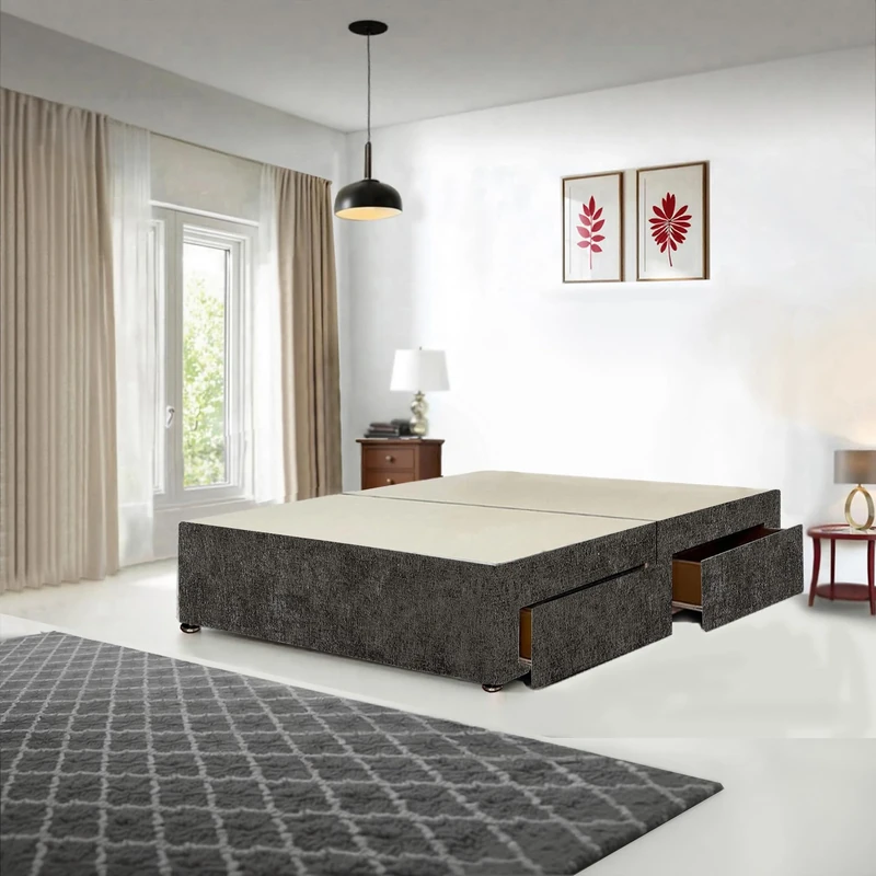 Divan Beds Deals - Charcoal Chenille Divan Bed Base with Storage - Available in 3ft, 4ft, 4ft6, 5ft, 6ft ((4FT Small Double Bed Base - 2 Drawers))