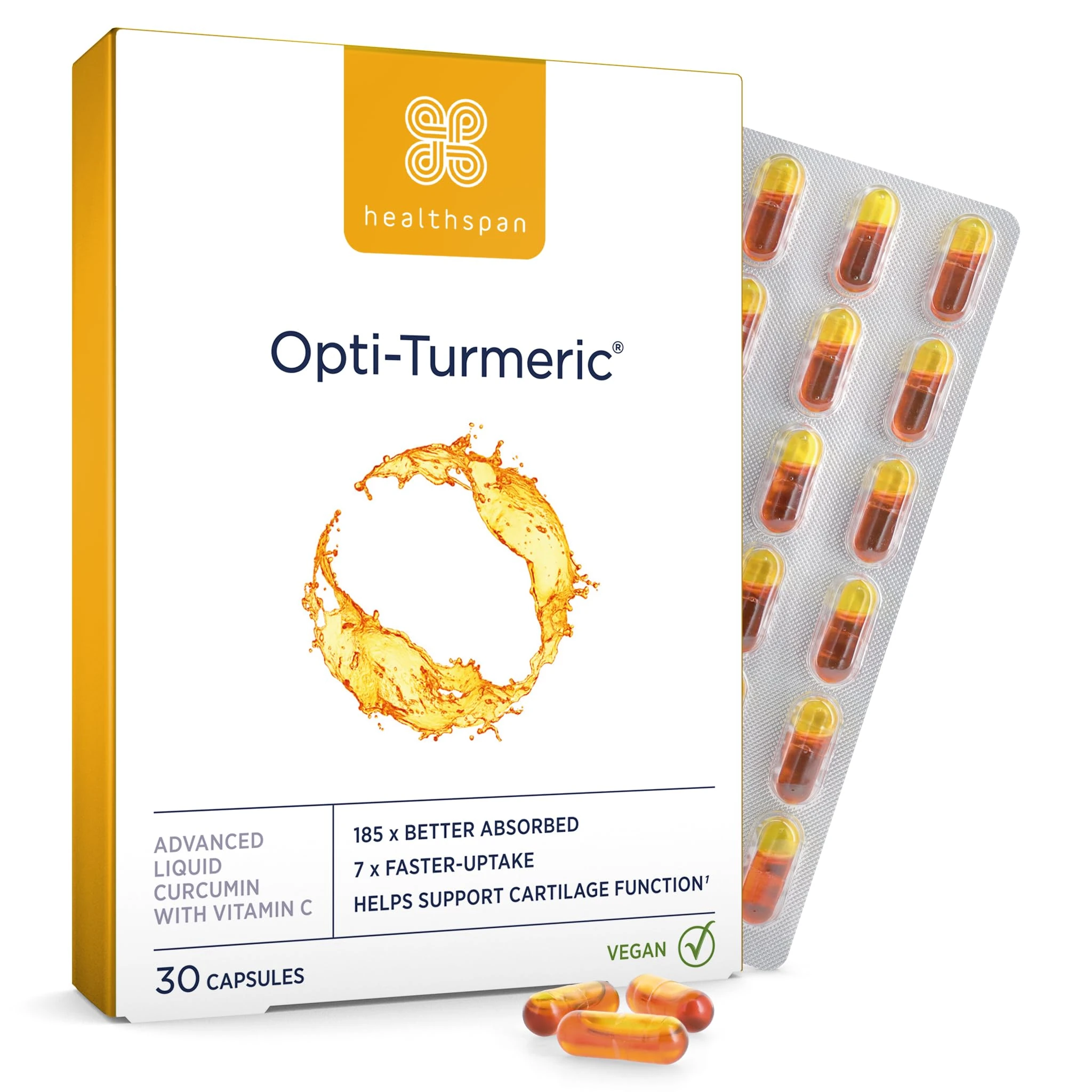 Healthspan Opti-Turmeric | High Strength 500mg Liquid Curcumin | Supports Cartilage Formation | Immune Health | 185 Times Better Absorbed & 7 Times Faster Acting Than Standard Turmeric (30 Capsules)