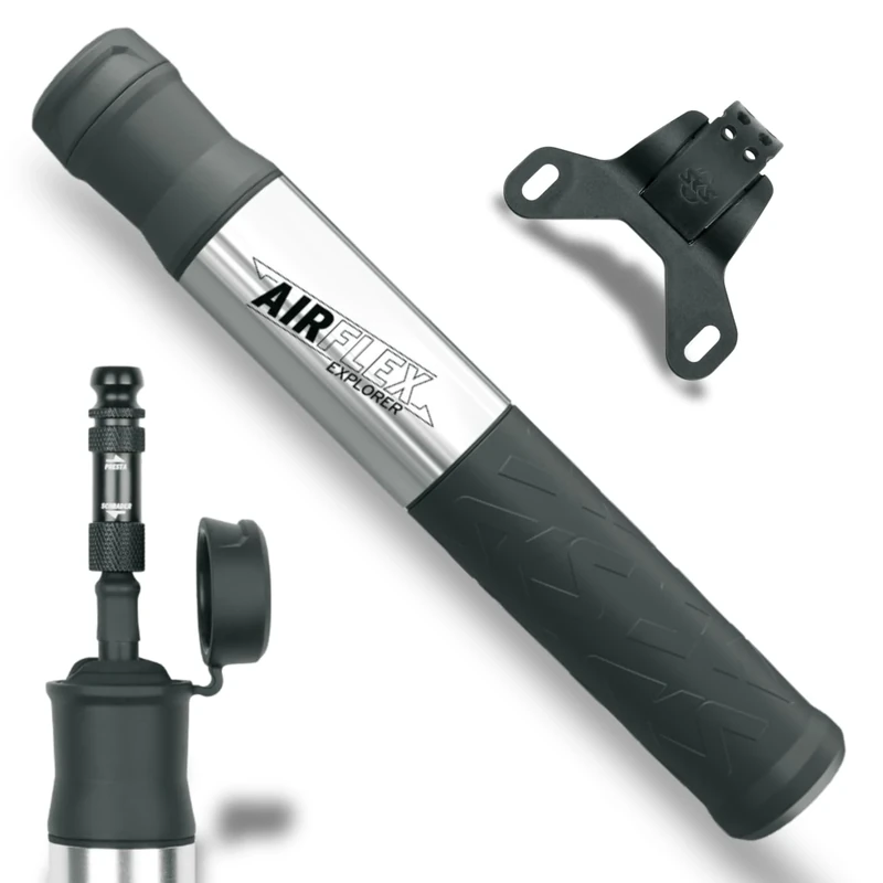 SKS GERMANY AIRFLEX EXPLORER SILVER bicycle pump for mountain bike tyres, bicycle accessories (air pump with SV & AV connection, with soft component handle, max. pressure: 5 bar / 73 PSI), silver