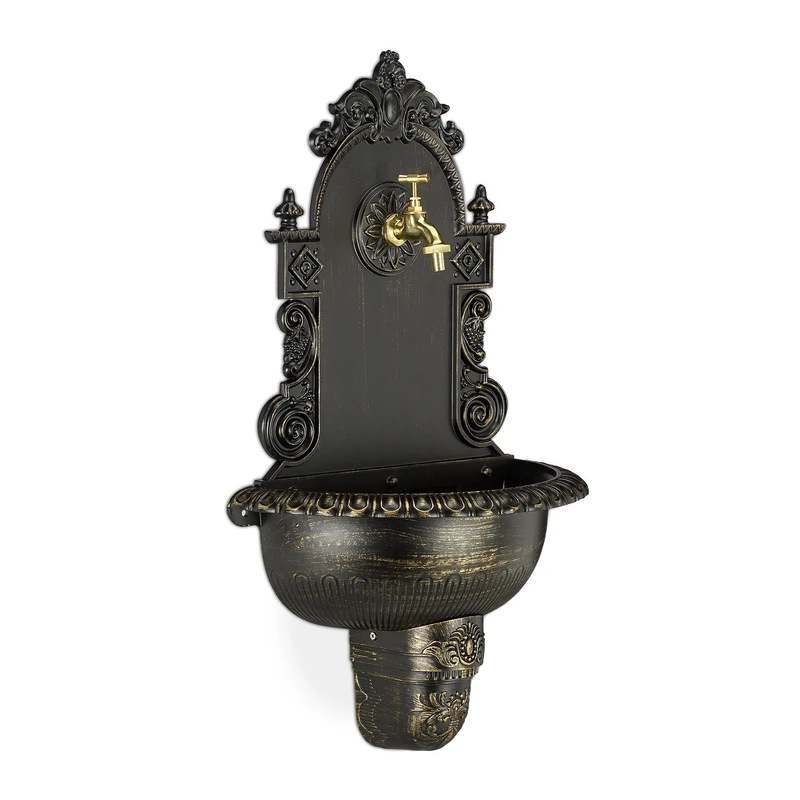Relaxdays XL Antique Wall Water Fountain, Faucet, Nostalgic, Garden Basin, Cast Aluminium, HWD 75x44x22 cm, Bronze