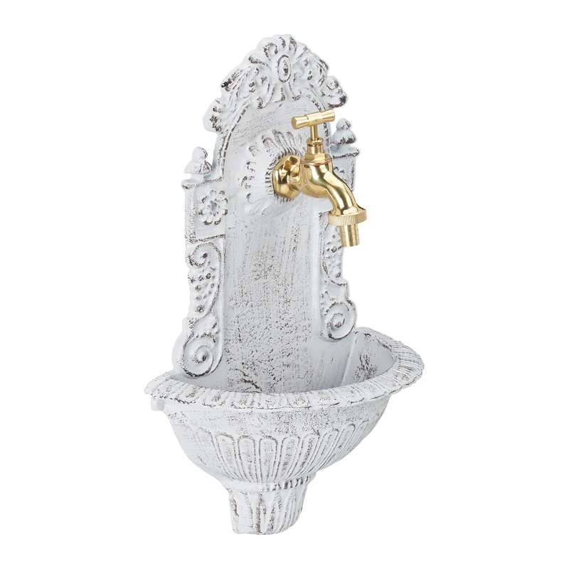 Relaxdays Antique Wall Water Fountain, Faucet, Nostalgic, Garden Basin, Cast Aluminium, HWD 40 x 24.5 x 13 cm, White