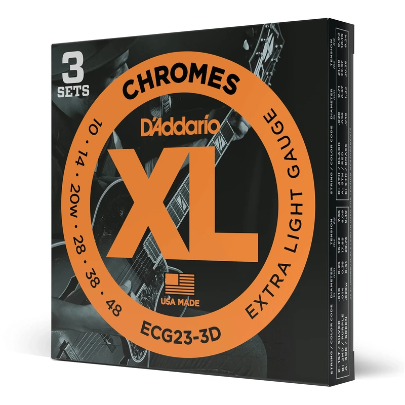 D'Addario Guitar Strings - XL Chromes Electric Guitar Strings - Flat Wound - Polished for Ultra-Smooth Feel and Warm, Mellow Tone - ECG23-3D - Extra Light, 10-48, 3-Pack