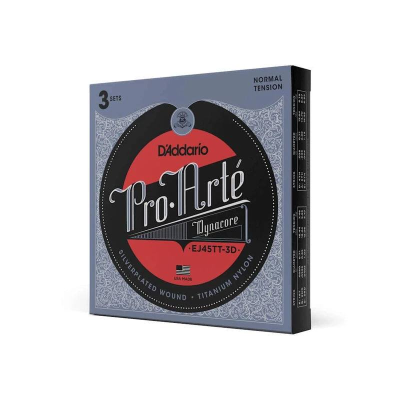 D'Addario Guitar Strings - Pro-Arte Classical Guitar Strings - EJ45TT-3D Dynacore - Silver Plated Wrap, Composite Dynacore, Titanium Nylon Trebles - Normal Tension, 3-Pack - Image 1