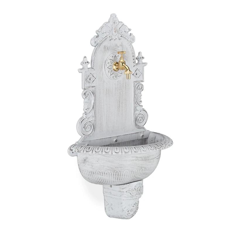 Relaxdays XL Antique Wall Water Fountain, Faucet, Nostalgic, Garden Basin, Cast Aluminium, HWD 75x44x22 cm, White