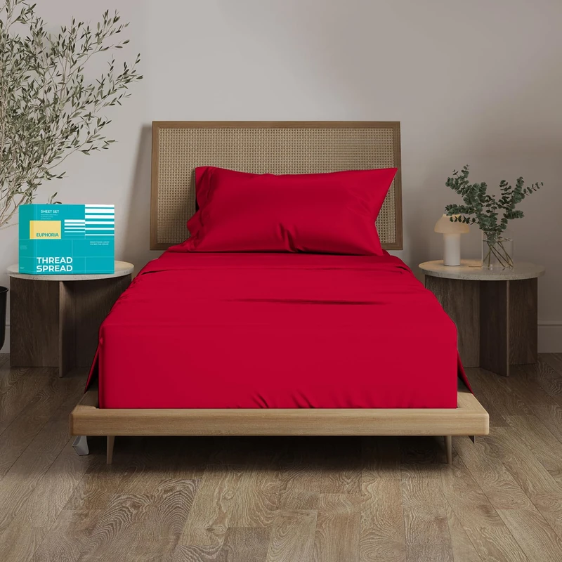 100% Cotton Single Bed Twin Size Sheet Set - 3 Piece Set - Hotel Luxury Bed Sheets - Deep Pockets - Easy Fit - Sateen Weave Breathable & Cooling Sheets - 800 Thread Count Red Bed Sheets