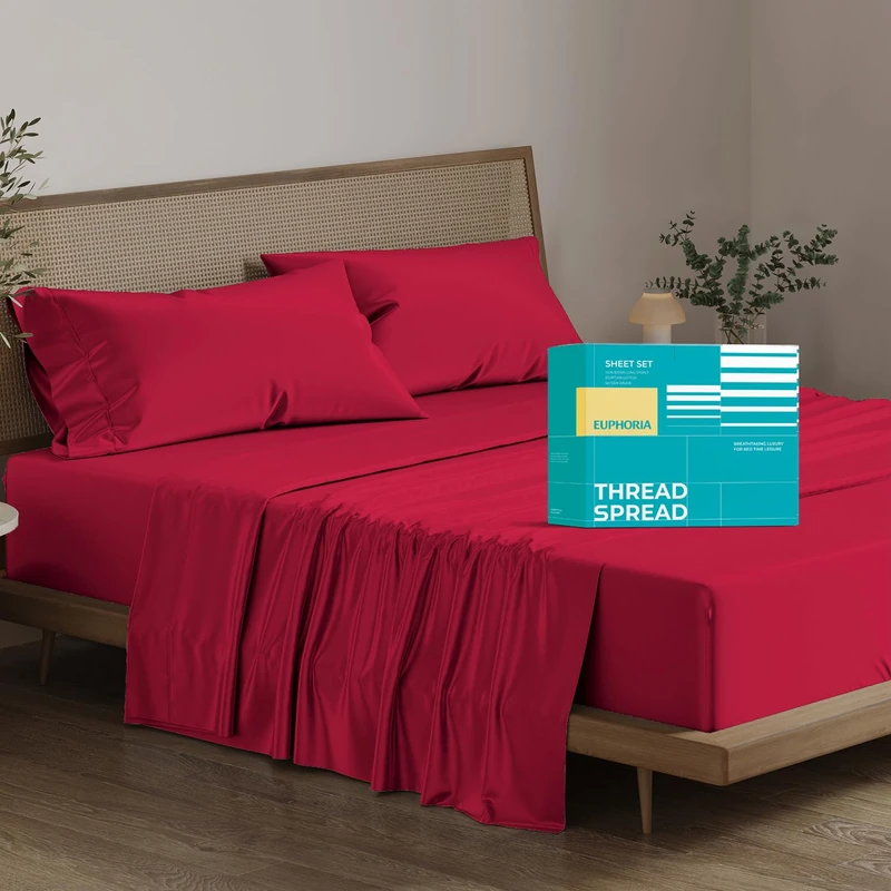 THREAD SPREAD 100% Egyptian Cotton Sheets California King Size - 800 Thread Count 4 PC Luxury Cal King Sheets, 16" Deep Pocket Hotel Sheets, Sateen Weave, Extra Soft Cooling Bed Sheets - Red