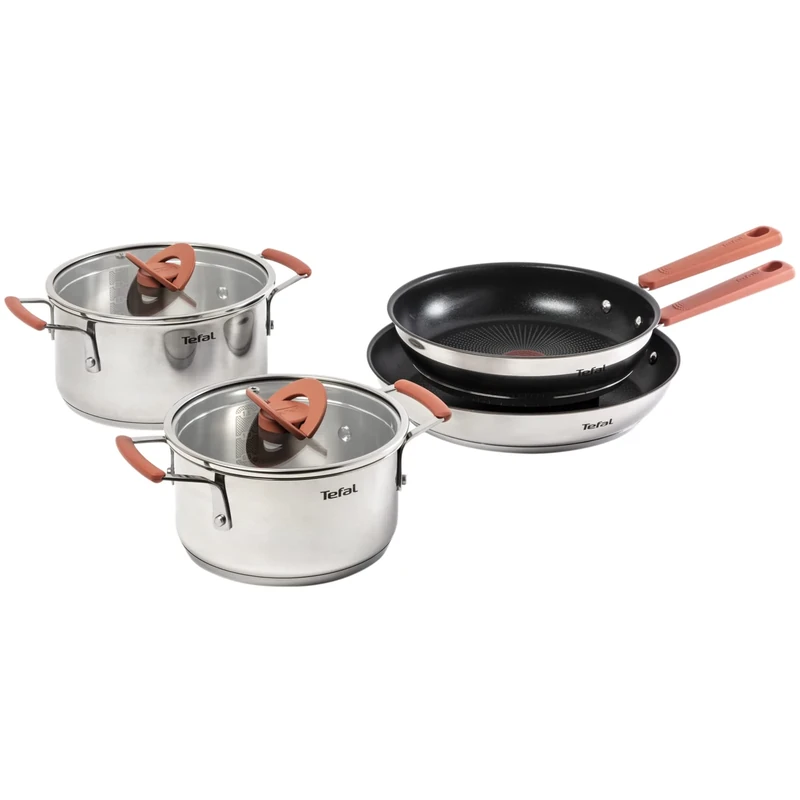 Tefal Opti'Space 4-Piece Pots and Pans Set, Stainless Steel, Stackable, Non-Stick, G720S604
