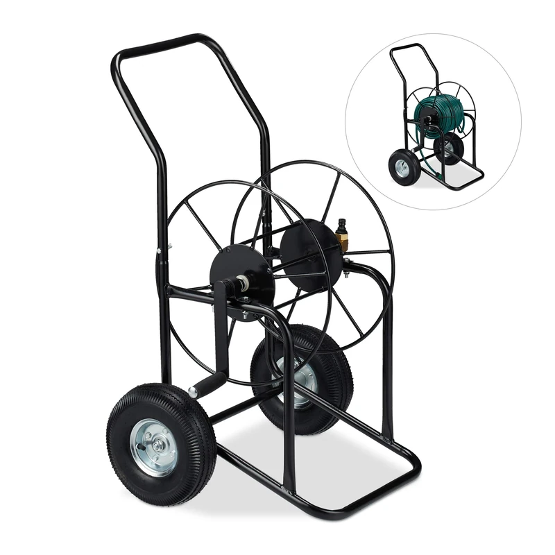 Relaxdays Hose Cart, Portable, 1/2” & 3/4” Connectors, For 80 m Garden Hosepipe, 2 Wheels, Metal, Black