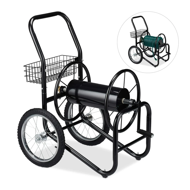 Relaxdays Hose Cart, Portable, for 90 m Garden Hosepipes, 2 Wheels, Metal, Mobile Trolley, for Lawn Watering, Black