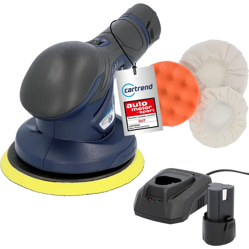 cartrend Battery Polishing Machine, 2,500-5,000 rpm (6 Levels), Replacement Batteries 12 V, 2 x Polishing Hoods, 1 x Polishing Sponge, Low Noise, Plate Diameter 150 mm