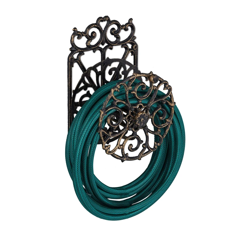 Relaxdays Hose Reel, Antique Design, Swivel, Wall Garden Rack, Cast Iron, HWD 34x23x18 cm, Black-Gold