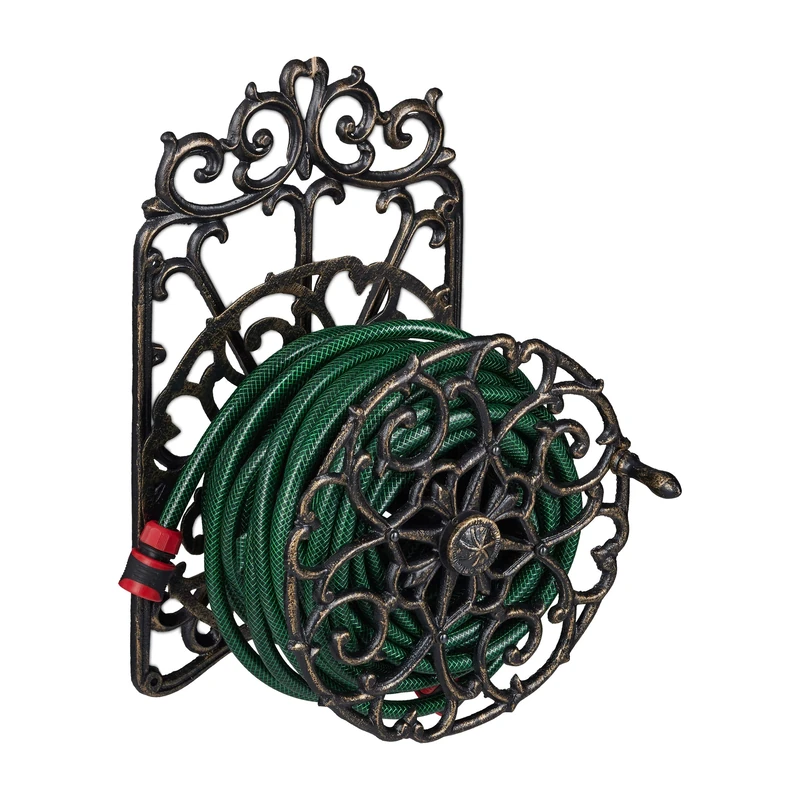 Relaxdays Hose Reel, Antique Design, Swivel, Wall Garden Rack, Cast Iron, HWD 52x33x31 cm, Black-Gold