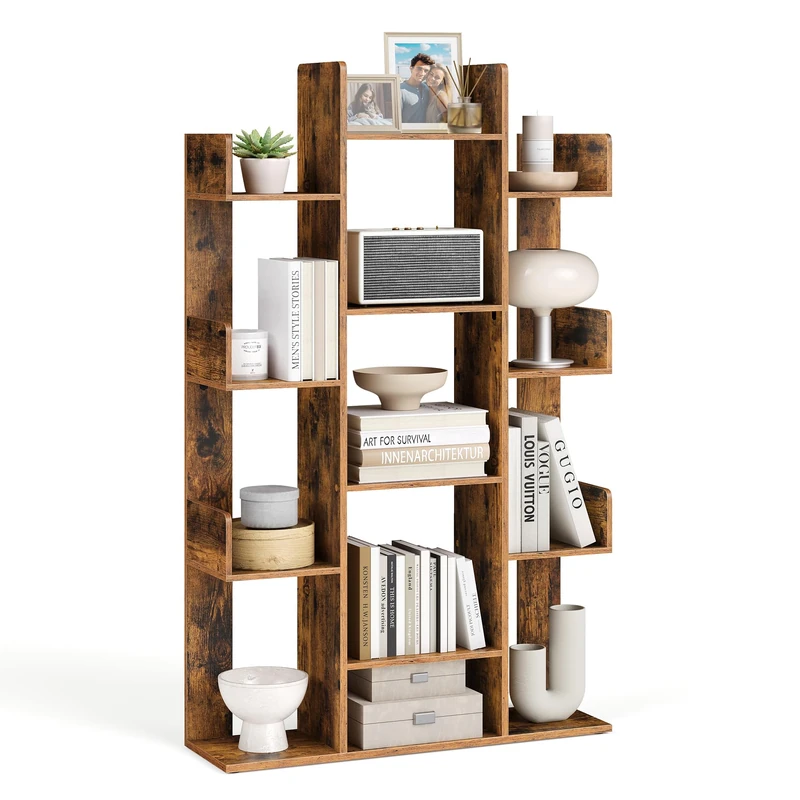 VASAGLE Bookshelf, Tree-Shaped Bookcase with 13 Storage Shelves, 86 x 25 x 140 cm, with Rounded Corners, Rustic Brown LBC67BXV1