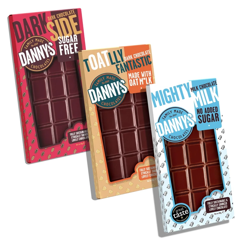 Danny's Chocolate Low And Sugar Free Chocolates Variety Pack - 3 x 80g Bars in Different Types - Vegan Bars Multipack Selection Box - Gift Bundle