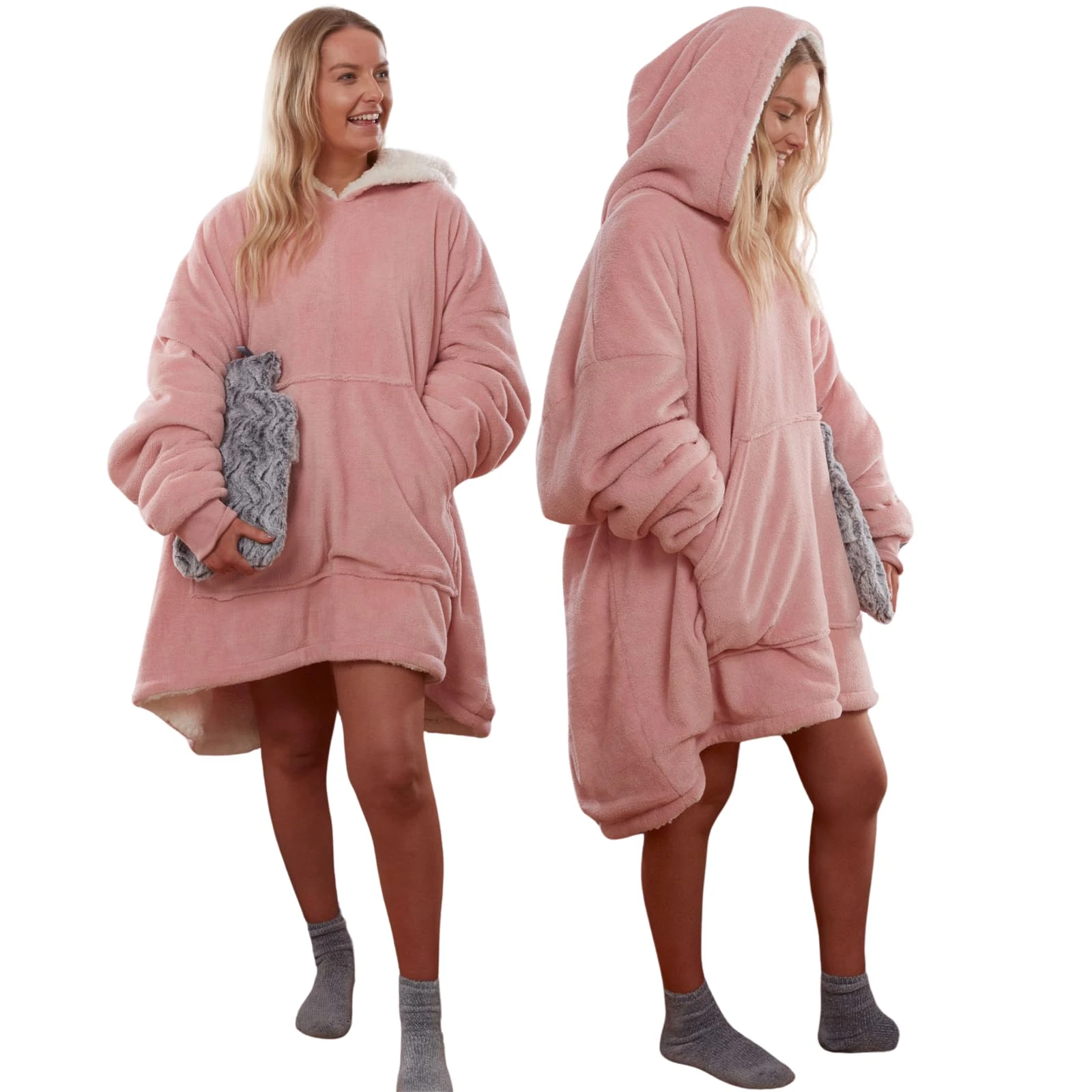 Sienna Hoodie Blanket Ultra Soft Sherpa Fleece Warm Comfy Cosy Oversized Wearable Giant Sweatshirt Throw for Women Girls Adults Men Boys Kids Big Pocket - Blush Pink