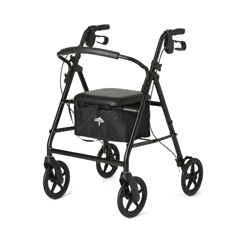Medline Standard Steel Folding Rollator Walker with 8" Wheels, Black