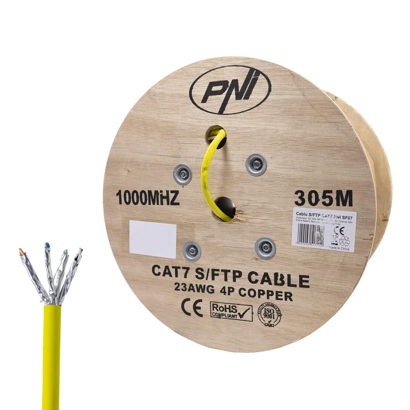 FTP CAT7 PNI SF07 cable, 10Gbps, 1000MHz, for internet and surveillance systems, 305m roll, copper