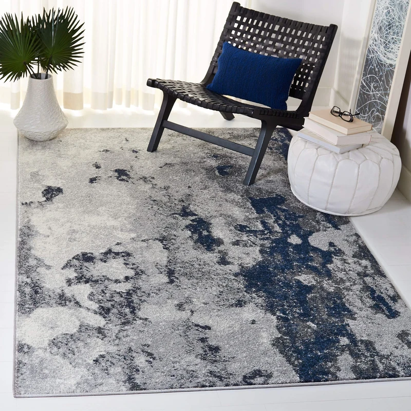 Safavieh Modern Abstract Distressed Indoor Woven Rectangle Area Rug, Adirondack Collection, ADR134, in Navy / Grey, 155 X 229 cm for Living Room, Bedroom or Any Indoor Space