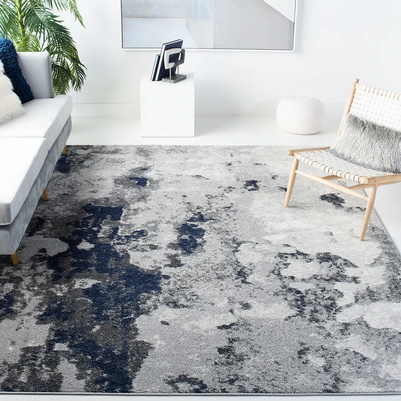 Safavieh Modern Abstract Distressed Indoor Woven Rectangle Area Rug, Adirondack Collection, ADR134, in Navy / Grey, 91 X 152 cm for Living Room, Bedroom or Any Indoor Space