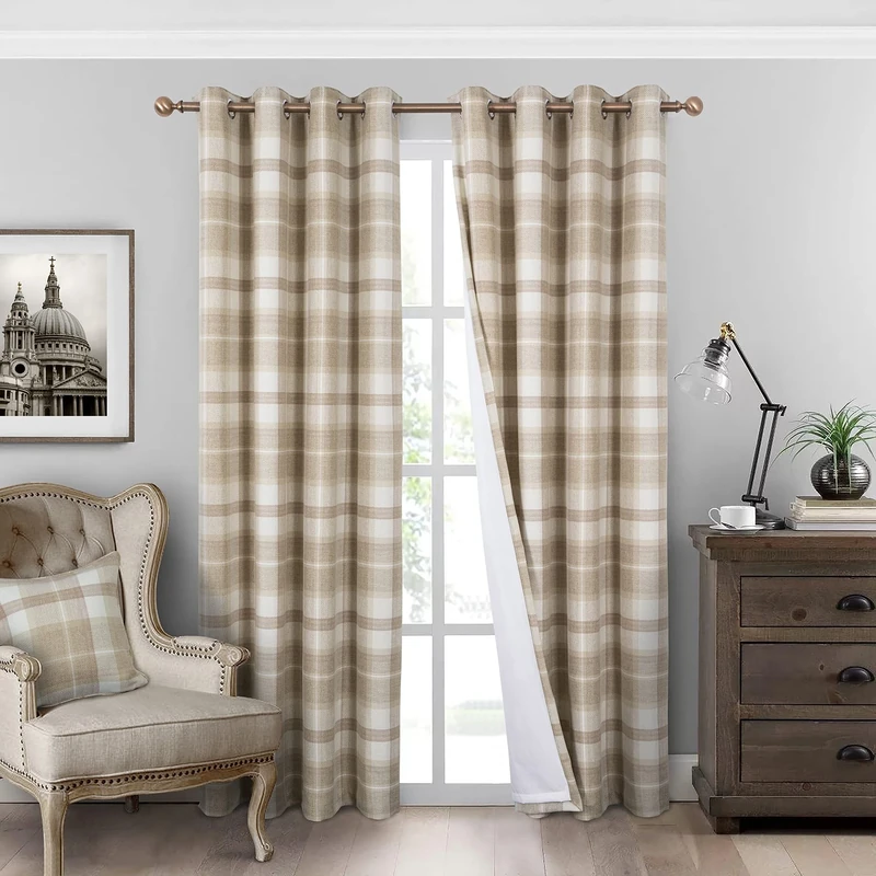always4u Plaid Curtains for Bedroom Living Room 100% Blackout Thermal Energy Saving Woolen Look Grommet Curtains 84 Inch Length 2 Panels Beige