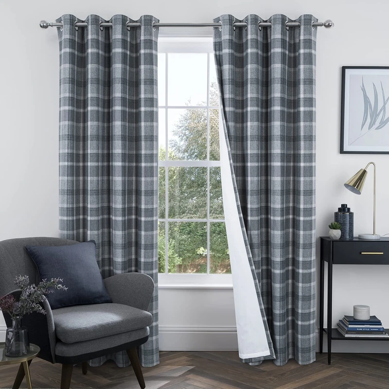 always4u Plaid Curtains for Bedroom Living Room 100% Blackout Thermal Fully Lined Woolen Look Check Drapes Grey Grommet Curtains 95 Inch Length 2 Panels Grey