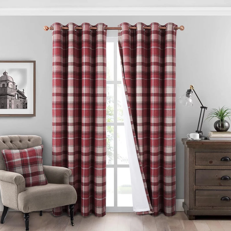 always4u Plaid Curtains 100% Blackout Thermal Energy Saving Drapes for Bedroom Woolen Look Farmhouse Living Room Curtains 2 Panels 45 * 63 Burgundy Red