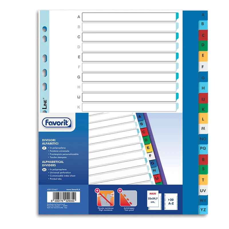 Favorit 400132467 Alphabetic Dividers A-Z 20 Coloured Notches for School Office Home 23 x 29.7 cm - Image 1