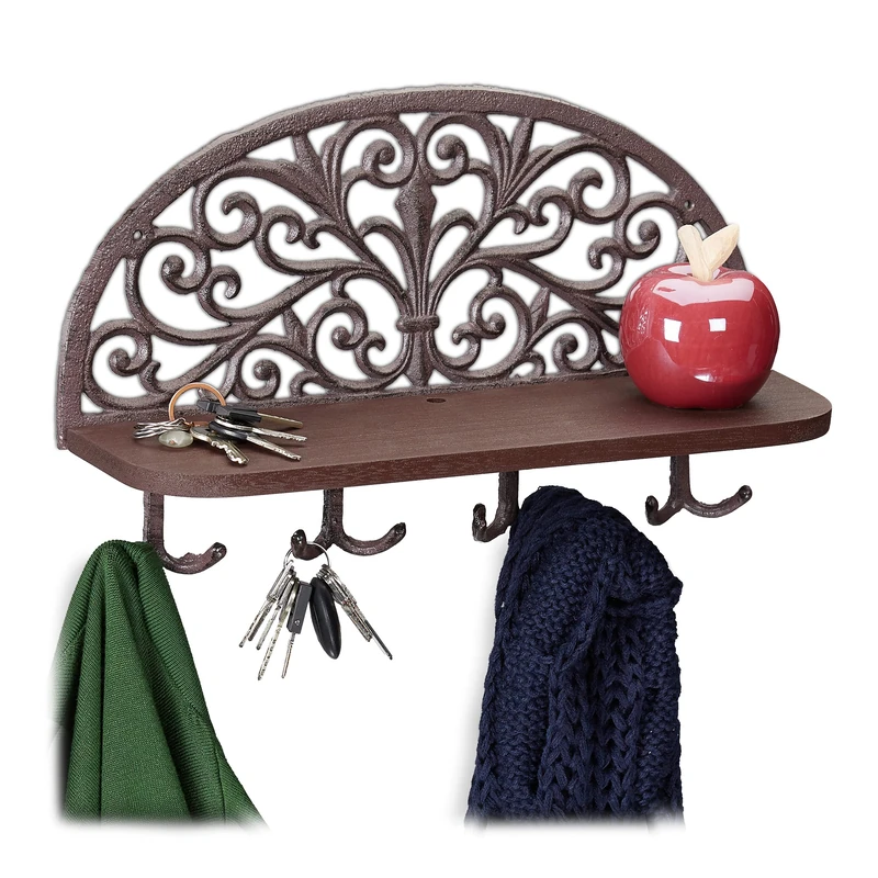Relaxdays Hallway Coat Rack with Shelf, Antique Design, 4 Double Hooks, Keys, Cast Iron, HWD: 23x39x11.5 cm, Brown, 23 x 39 x 11.5 cm