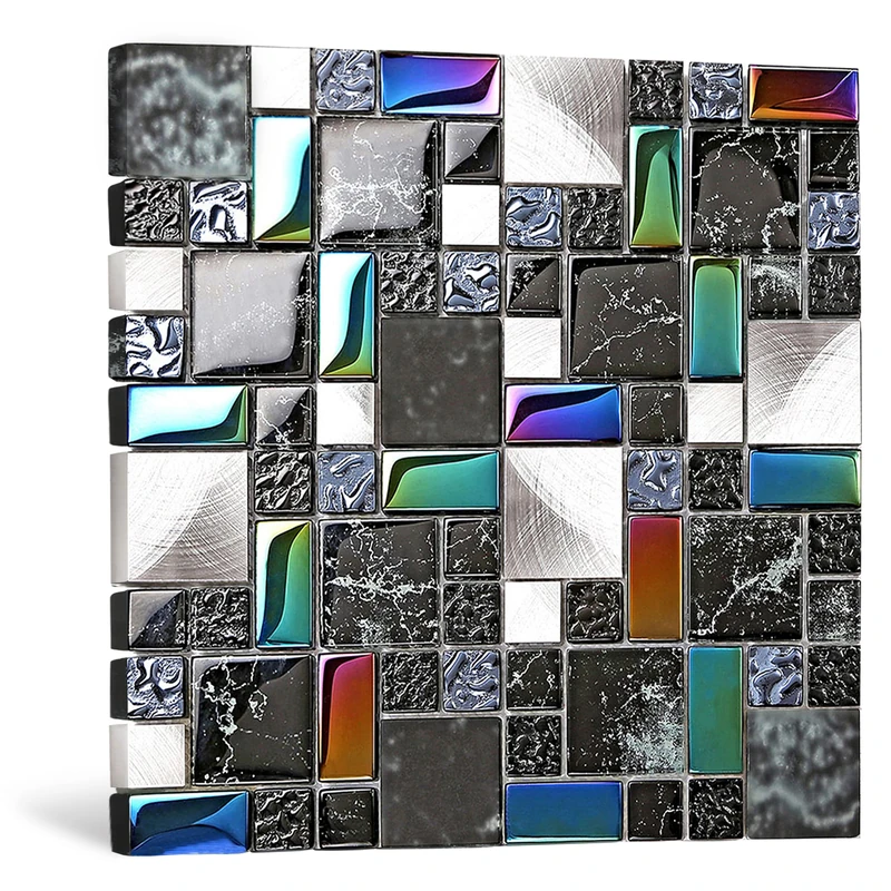 Home Decor Remodeling Glass Metal Tile Black Silver Iridescent Colors Backsplash Kitchen Wall Accent Tiles Wavy Design Bathroom Shower Border Art Mosaic TSTMGB026 (5 Square Feet)