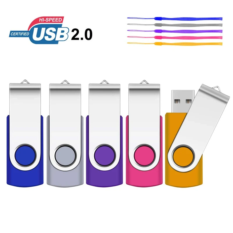 SRVR 5 Pack 32GB USB Flash Drive, USB 2.0 Thumb Drives, Jump Drive with Lanyards Metal Swivel USB Memory Stick with LED Indicator(5 Colors)
