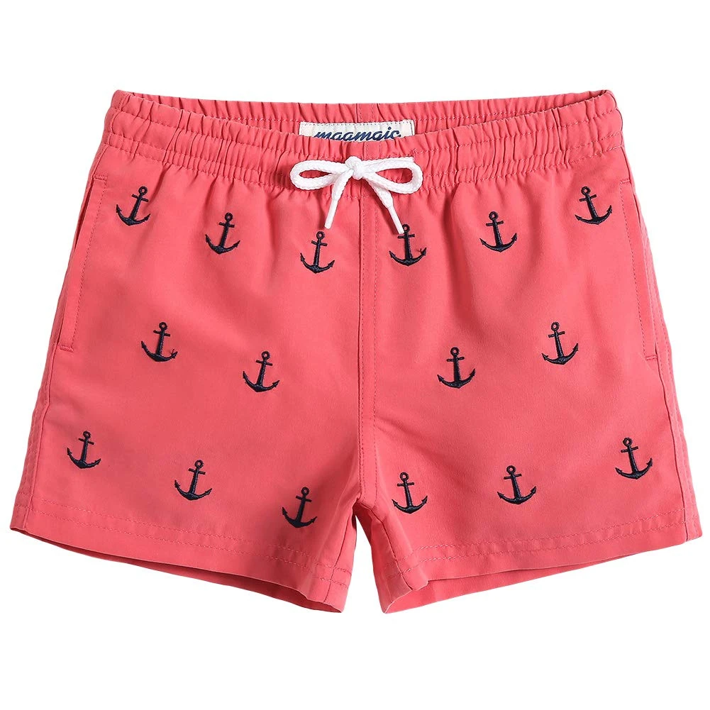 MaaMgic Little Boys' Swimming Shorts Beach Trunk Toddler Swim Shorts Boardshorts Lightweight Beach Shorts Adjustable Waist All Age,Pink Anchor,5-6 Years