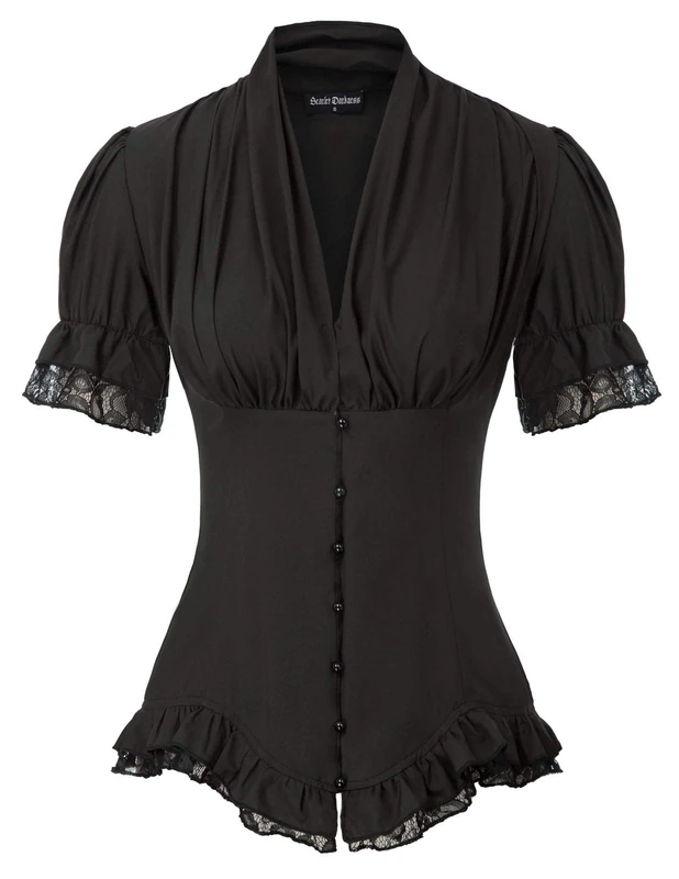 SCARLET DARKNESS Pleated Vintage Tops Blouse Lace Up V-Neck Shirt Renaissance Slim Fit 2XL SL2136-2 Black