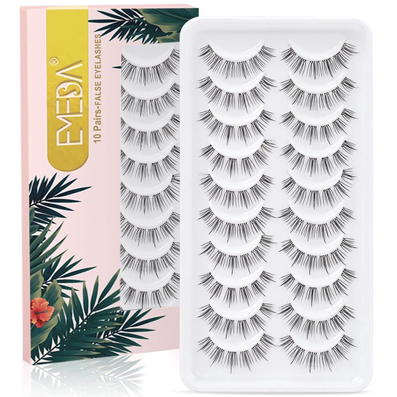 EMEDA 10 Pairs 3D Fake Lashes - Short, Soft, Reusable, Transparent Strip Lashes - Handmade, Natural Looking Eyelash