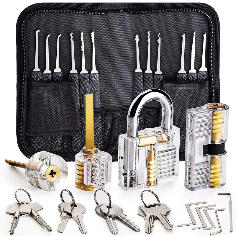 Lock Pick Set, Preciva 26pcs Locking Picking Tools with 4 Training Keyed Padlocks, [2024 Upgrade Version] Professional Practice Locks Picking Toolkit for Beginner and Locksmith Training (Transparent)