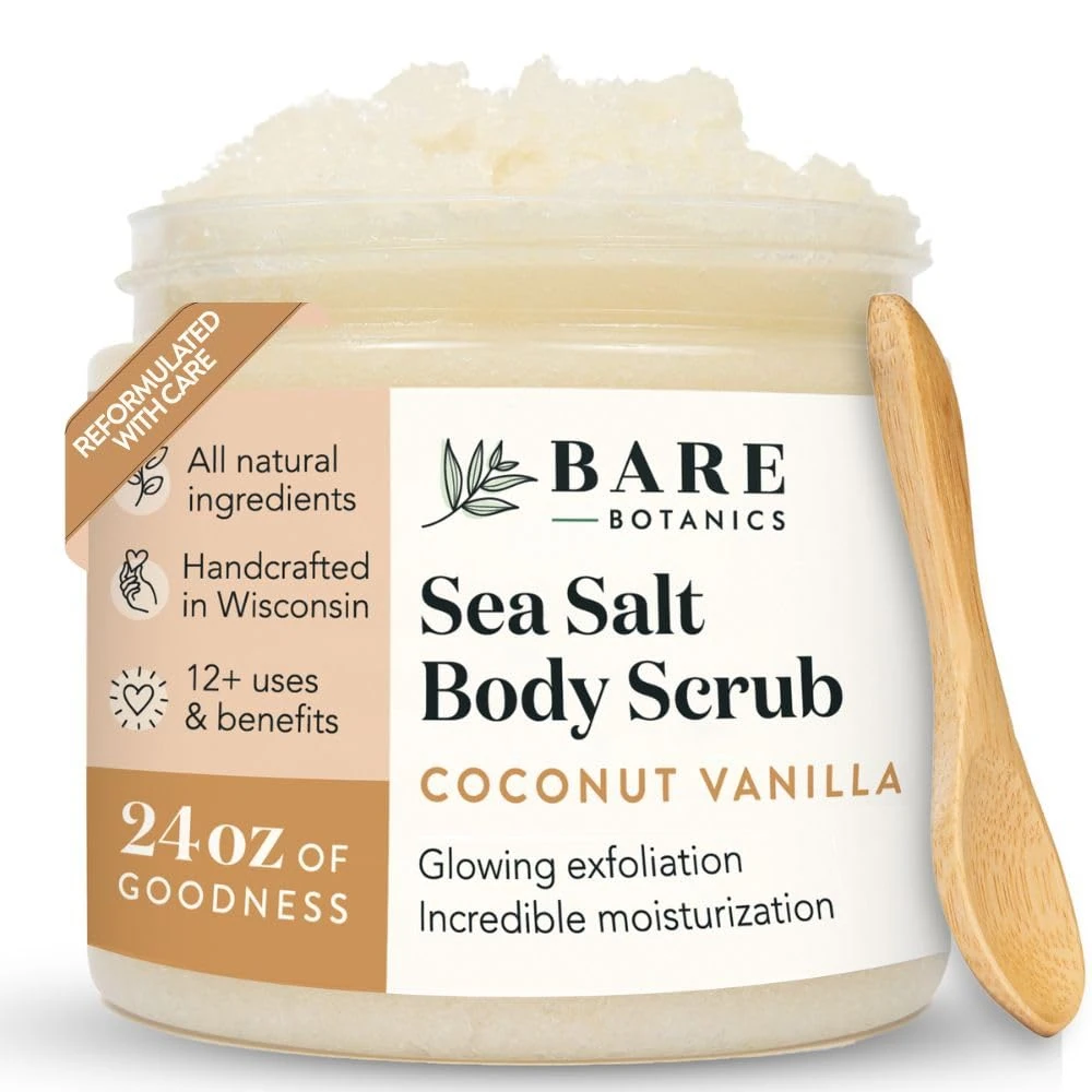 Bare Botanics Coconut Vanilla Body Scrub 24oz | Made in USA | All Natural Sea Salt Scrub w/Skin Loving Moisturizers | Vegan & Cruelty Free | Ready to Gift w/a Cute Wooden Spoon