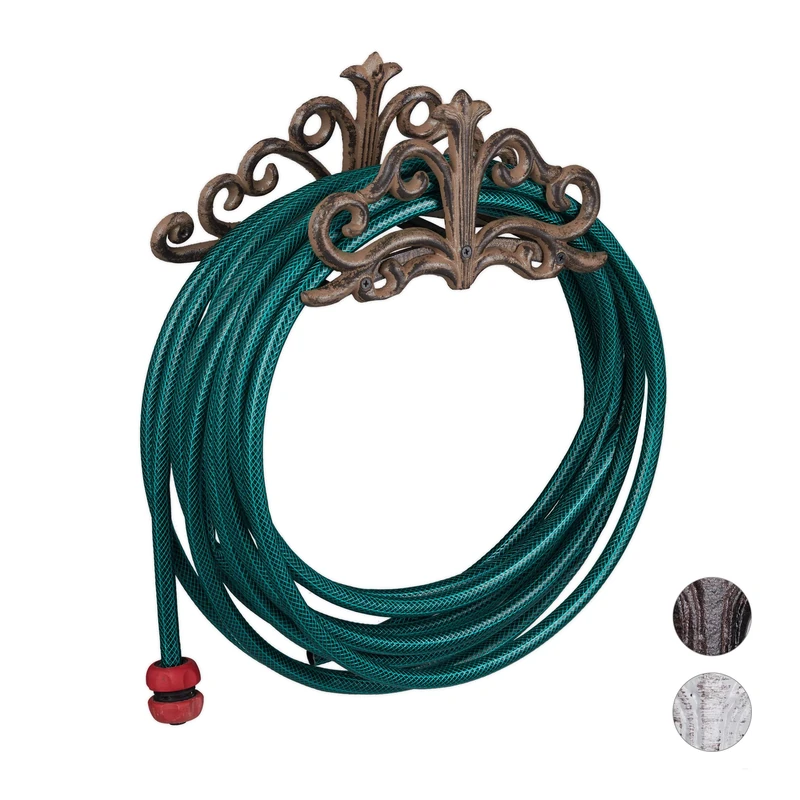 Relaxdays Wall-Mount Hose Reel, Antique Style, Garden Shed Storage Rack, Cast Iron, HxWxD 15x36x15 cm, Rust-Brown