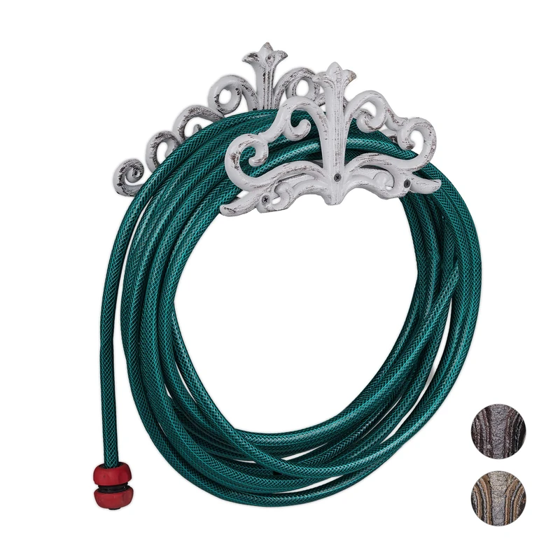 Relaxdays Wall-Mount Hose Reel, Antique Style, Garden Shed Storage Rack, Cast Iron, HxWxD 15x36x15 cm, White