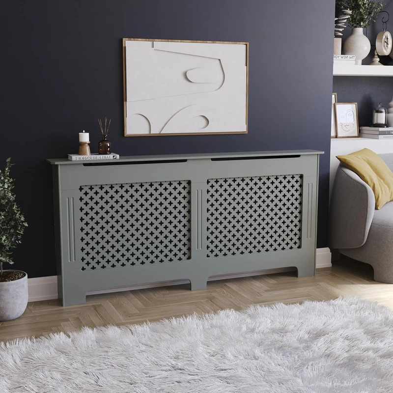 Vida Designs Oxford Radiator Cover Olive Grey - Extra Large - Traditional Cross Pattern Design For Optimal Heat Circulation - H82xW172xD19cm - Painted MDF Cabinet Ideal For Living Room & Hallway