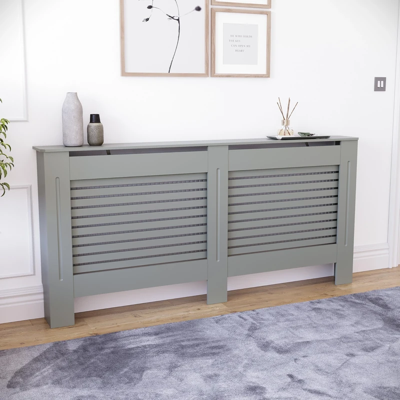 Vida Designs Milton Radiator Cover Olive Grey - Extra Large - Modern Horizontal Slat Design For Optimal Heat Circulation - H82xW172xD19cm - Painted MDF Cabinet Ideal For Living Room & Hallway