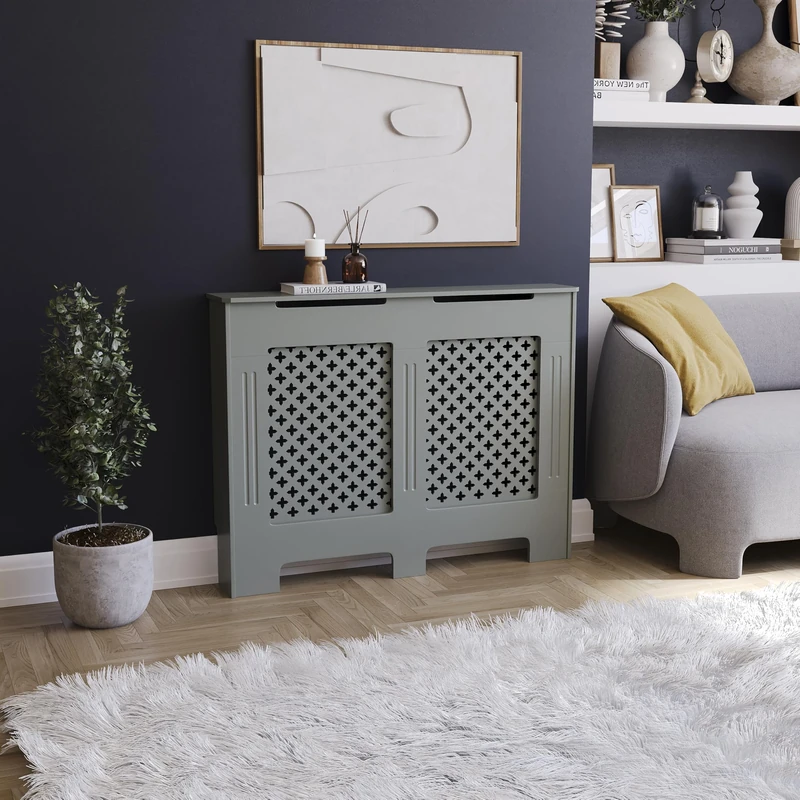 Vida Designs Oxford Radiator Cover Olive Grey - Medium - Traditional Cross Pattern Design For Optimal Heat Circulation - H82xW111xD19cm - Painted MDF Cabinet Ideal For Living Room & Hallway