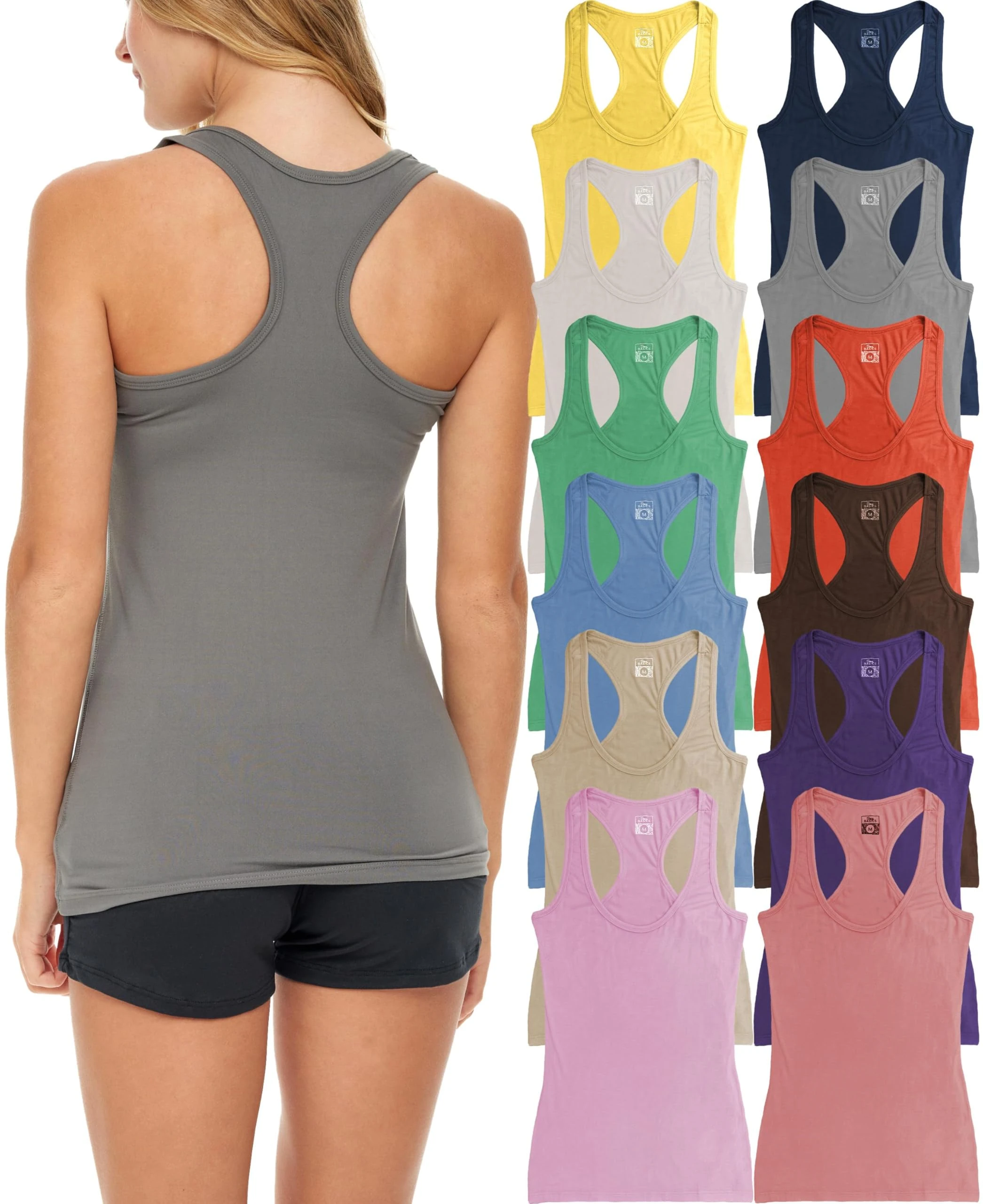 Sexy Basics Women's 12 Pack Racer Back Tank Tops/Cotton -Spandex Stretch Color Tanks - Blue - X-Small