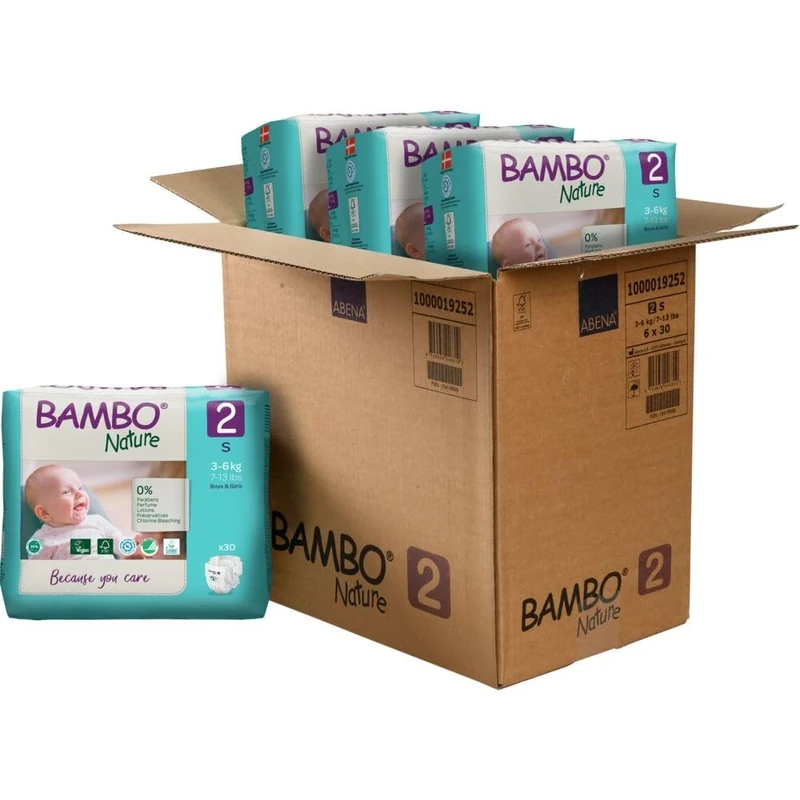 Bambo Nature Premium Eco Nappies, Eco-Labelled Sustainable Nappies, Enhanced Leakage Protection, Secure & Comfortable Baby Nappies, - Size 2 Nappies (7-13lb/3-6kg), Mini, 30 Count ( Pack of 6)