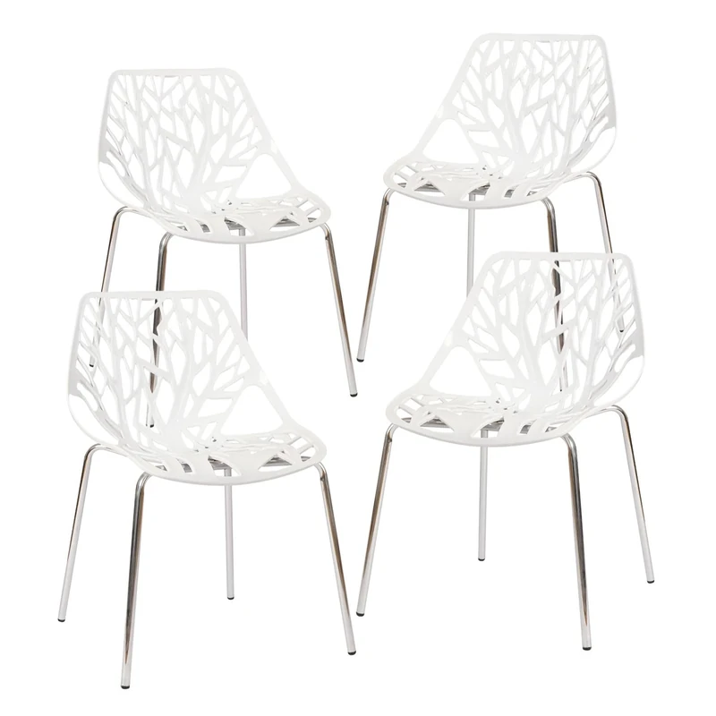 CangLong Set of 4 Garden Modern Plastic Chair, Hollow Shell Stackable Chair with Metal Legs for Kitchen Room & Dining Room, Single, White