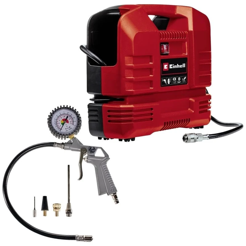 Einhell Portable Oil-Free Air Compressor with Gun - 8 Bar, 116 PSI, 240V, 1100W Service-Free Motor, 3m Hose - TC-AC 190 of Small Compressor for Workshops with 3 Year Warranty